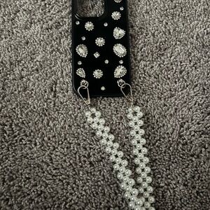 Black Rhinestone Phone Case with Pearl Strap iPhone 13 Pro case